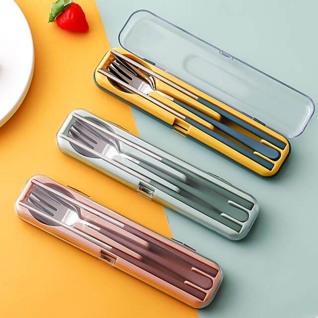 New Trendy Flip-Top Box Cutlery Set, Creative 304 Stainless Steel Spoon, Fork, and Chopsticks Three-Piece Set