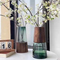 Large Simple Wooden Base Glass Vase Square Cylinder Natural Color Vase Ornament for Living Room Dining Table Silver Willow Flower Arrangement Decoration for Home Use