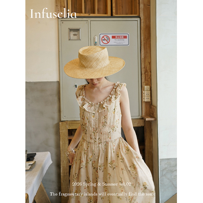 Infuselia Mi Chun'Evening Rose' Romantic Floral Tencel Ramie Lace Collar Waist-Cinching Dress