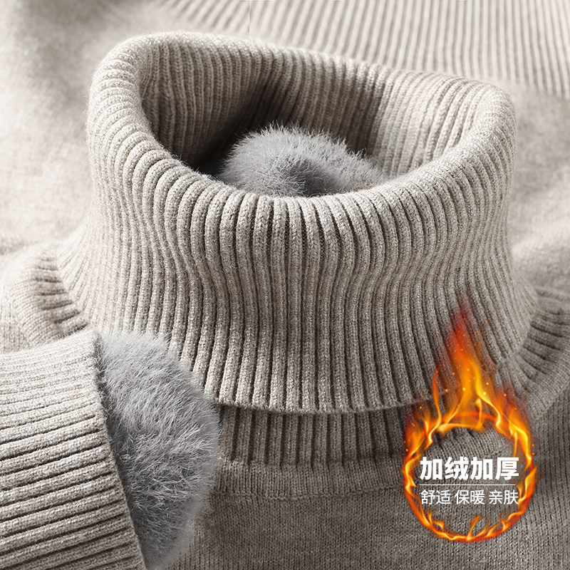 High-Neck Fleece-Lined Thick Sweater for Men, Autumn and Winter Half-High Collar Knitwear, Solid Color Warm Base Layer Shirt