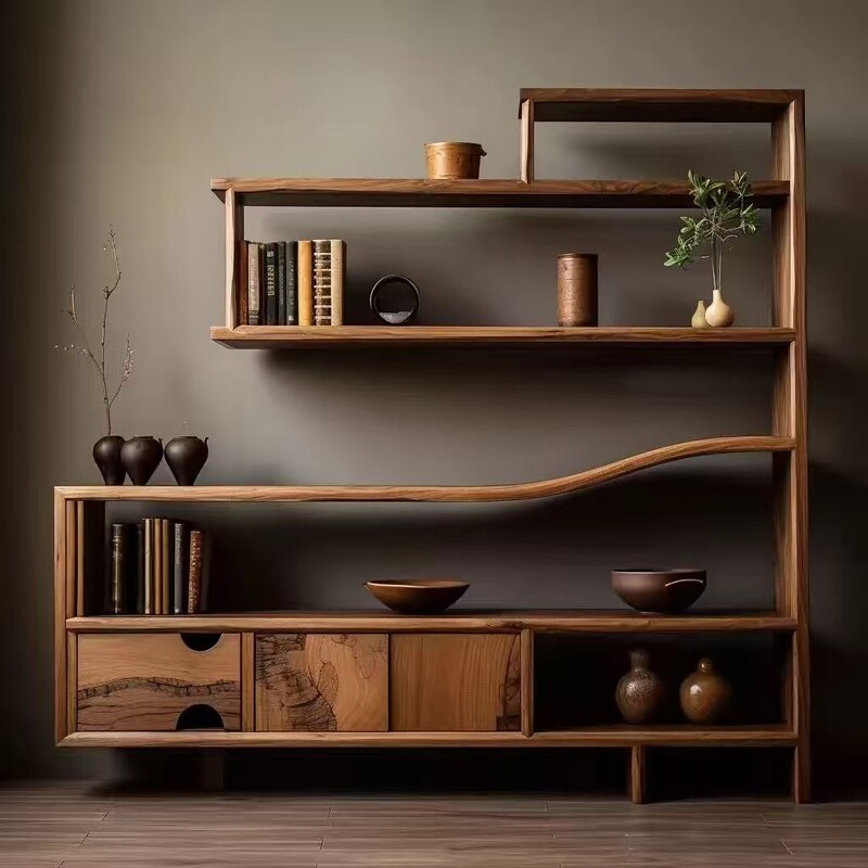 Song's Aesthetics Old Elm Wood Curio Cabinet Chinese Style Elm Wood Multi-Treasure Shelf Storage Rack Elm Wood Tea Room Tea Set Storage Rack