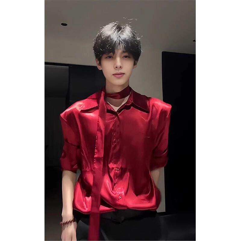 Ribbon-Decorated Ascetic Shirt for Men and Women, Stylish Red Shoulder-Padded Long-Sleeve Jacket with a High-End Feel, Fashionable Satin Shirt Trend
