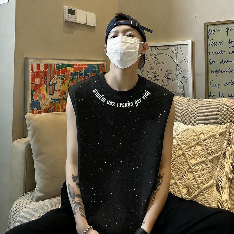 Summer New Style Printed Men's Sleeveless Tank Top with Starry Sequins, Black Loose Fit Slimming Top
