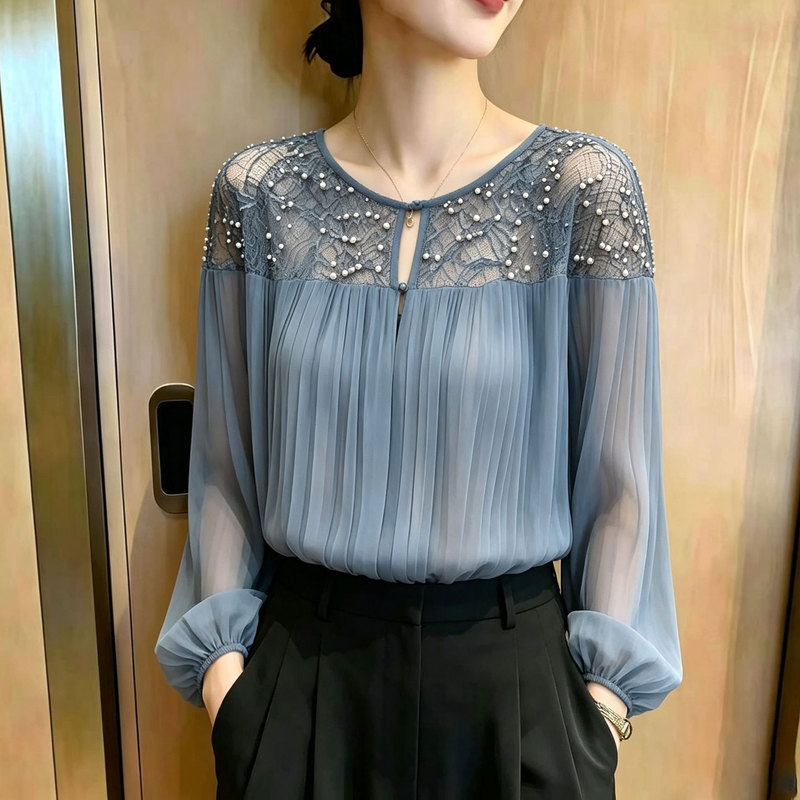 European High-End Beaded Shoulder Design Plus-Size Women's Top 2026 Autumn New Haze Blue Lace Patchwork Shirt