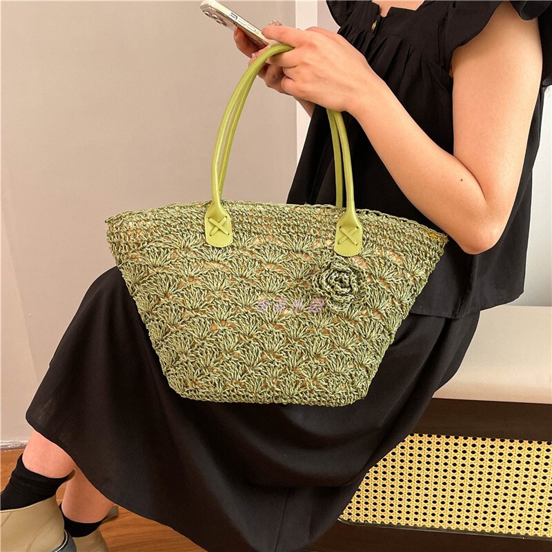 Large-Capacity Single-Shoulder Straw Bag, Vacation Beach Bag, 2026 New Summer Casual Tote Bag, Flower Woven Straw Bag