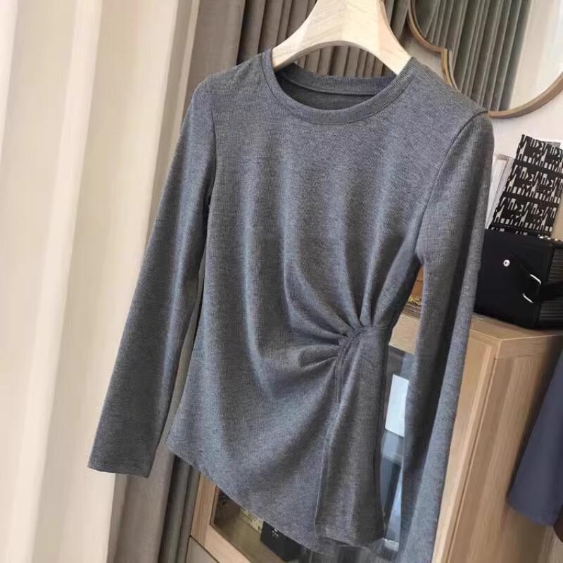 Asymmetrical Design Long-Sleeved T-Shirt for Women, Gray, Unique Pleated Waist, Fashionable and Stylish Base Shirt, Round Neck Top Asymmetrical Design Long-Sleeved T-Shirt for Women, Gray, Unique Pleated Waist, Fashionable and Stylish Base Shirt, Round Neck Top