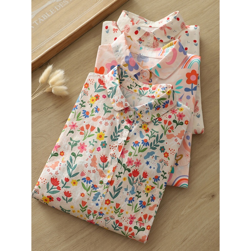 24 Spring and Autumn New Style Tops Fresh and Youthful Cartoon Print Pure Cotton Loose Long Sleeve Shirts for Women Trendy Multi-Pattern Y
