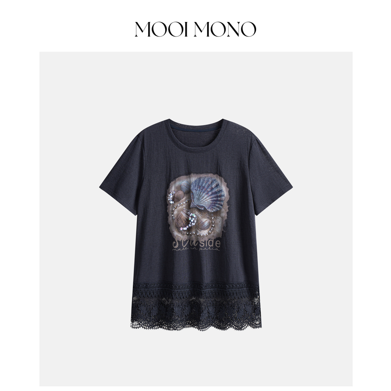 Mooi Mono "Ocean Dream" Slim-Fit and Elegant Shell Print Beaded Lace Trim T-Shirt T288Z62 Mooi Mono "Ocean Dream" Slim-Fit and Elegant Shell Print Beaded Lace Trim T-Shirt T288Z62