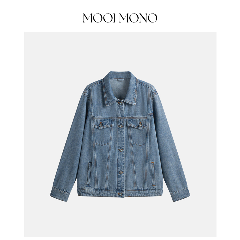 Mooi Mono "Blue Salt Ocean" Slim-Fit Denim Jacket with Ethnic Retro Patterned Cuffs W088H61