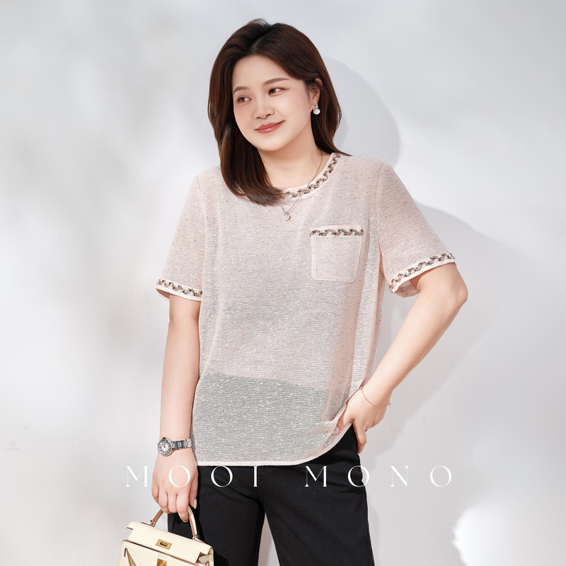 Mooi Mono "Ancient Style Chanel-Inspired" Slimming and Elegant Versatile Top with Gold Thread Texture and Floral Trim E650D62