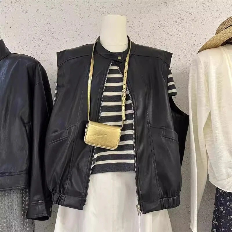 Korean Retro Loose-Fitting Black Leather Vest, New Autumn Product, Versatile Slim-Fit Sleeveless Protein Leather Jacket Vest for Women Korean Retro Loose-Fitting Black Leather Vest, New Autumn Product, Versatile Slim-Fit Sleeveless Protein Leather Jacket Vest for Women