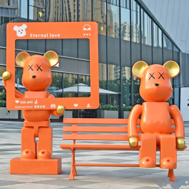 Trendy Cartoon Building Block Bear Large Sculpture for Outdoor Commercial Street Display, Shop Entrance, and Photo-Worthy Decoration
