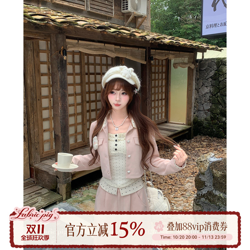 Fabricpig Pink Velvet Milk Cake Sweet Pink Short Lapel Jacket Women's Chanel-Style Jacket Top