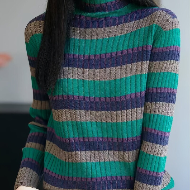 【Gradient Green Stripes】New Autumn/Winter Color-Block Slimming Elegant Sweater Knitwear Base Layer Top