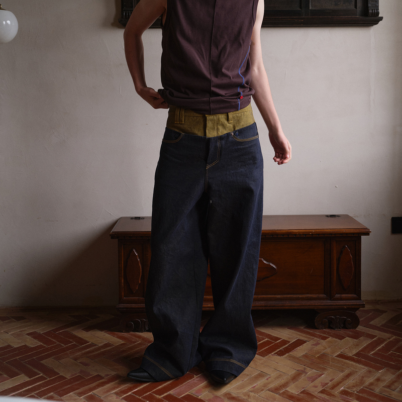 Soknot〔Tibetan·Yellow Ash〕Niche Designer Brand Yellow Color-Blocked Wide-Leg Jeans Long Pants for Men Soknot〔Tibetan·Yellow Ash〕Niche Designer Brand Yellow Color-Blocked Wide-Leg Jeans Long Pants for Men