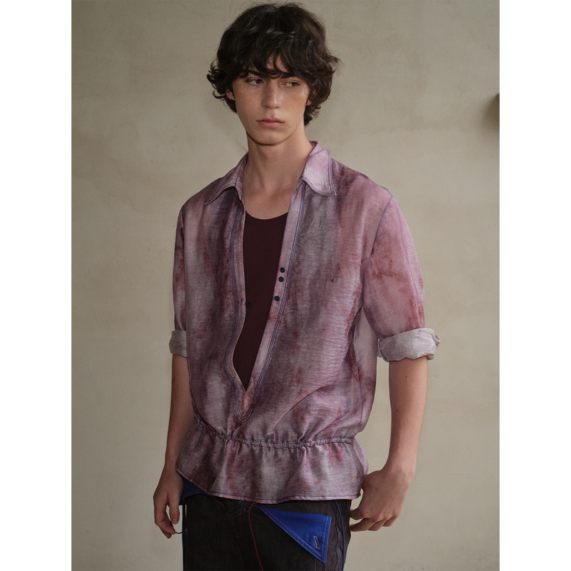 Soknot [Tibetan Red Erosion] Niche Designer Tencel Three-Quarter Sleeve Deep V-Neck Gradient Purple Floral Shirt