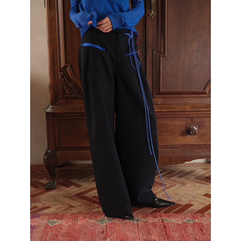 Soknot〔Tibetan Blue Invasion〕Original Design Loose Wide-Leg Pants Designer Drapey Trousers Dress Pants Long Pants