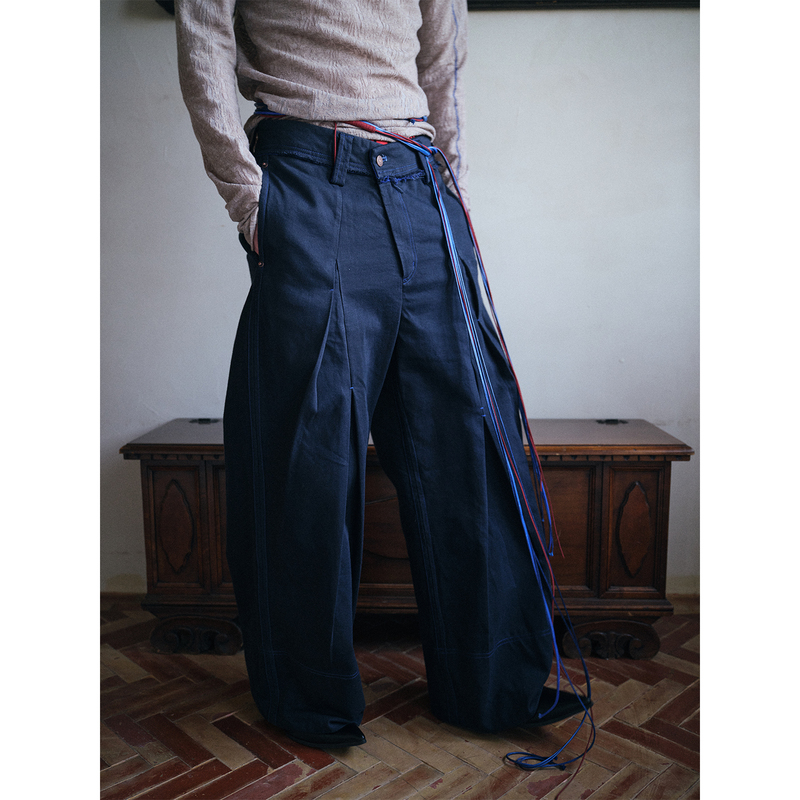 Soknot〔Tibetan Blue Invasion〕Original Niche Design Diagonal Placket Pure Cotton Straight Loose American-Style Long Pants Men's Trousers