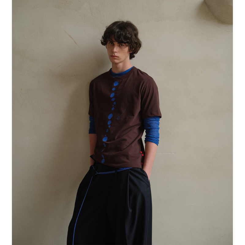 Soknot〔Red Erosion & Blue Invasion & Yellow Embers〕Round Neck Short-Sleeved Loose Artistic Polka Dot Niche Design T-Shirt for Summer Men