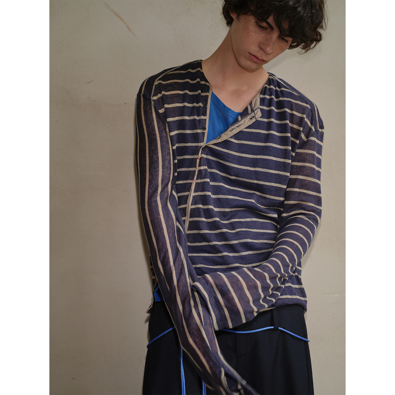 Soknot〔Tibetan Blue Invasion〕Navy Blue Linen Striped Thin Slightly See-Through Lazy Loose Long-Sleeved T-Shirt for Men and Women