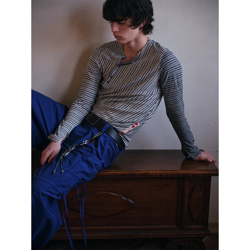 Soknot〔Tibetan Blue Intrusion〕Asymmetrical Long-Sleeve Striped T-Shirt with Diagonal Placket, Niche Design, Unisex Base Layer Shirt