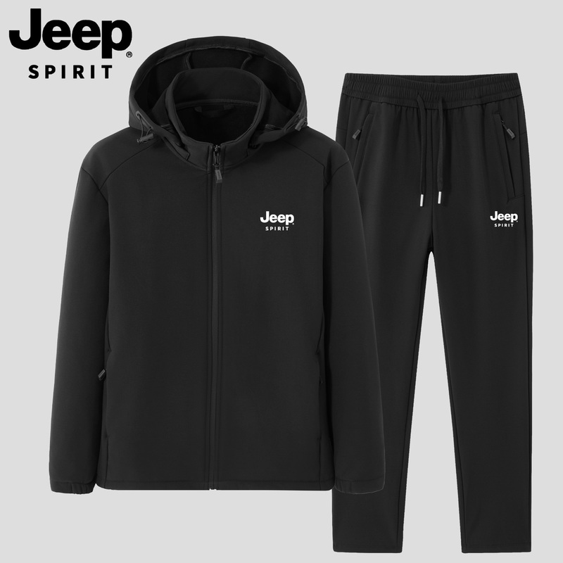 Jeep Casual Sports Suit Men's Autumn and Winter Fleece-Lined Windproof and Waterproof Loose Large Size New Hooded Jacket