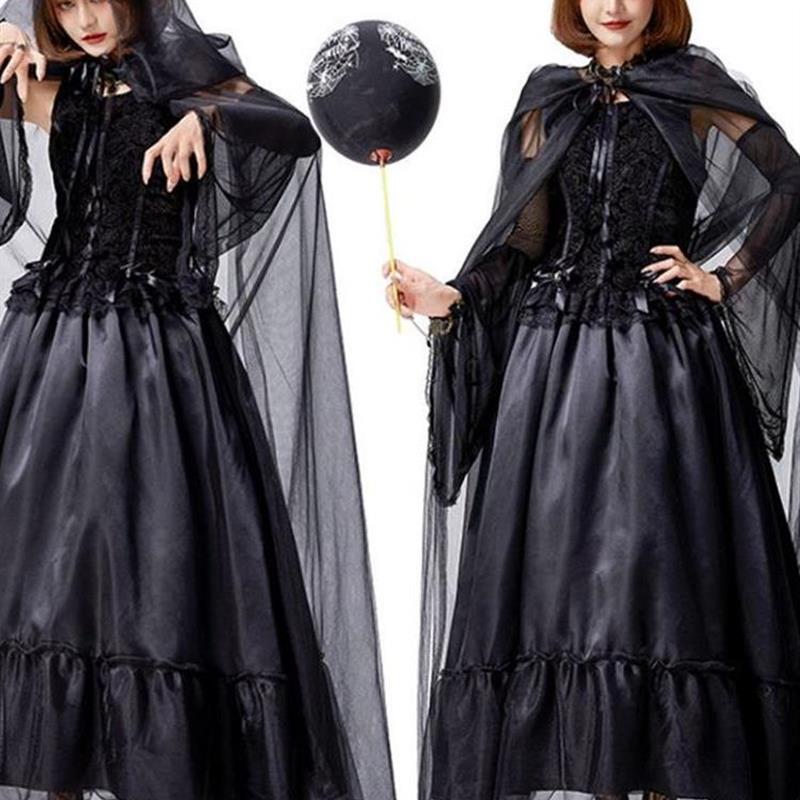 Halloween Costume Adult Dark Witch Vampire Cosplay Castle Queen Court Dress Black Hooded Cloak Halloween Costume Adult Dark Witch Vampire Cosplay Castle Queen Court Dress Black Hooded Cloak