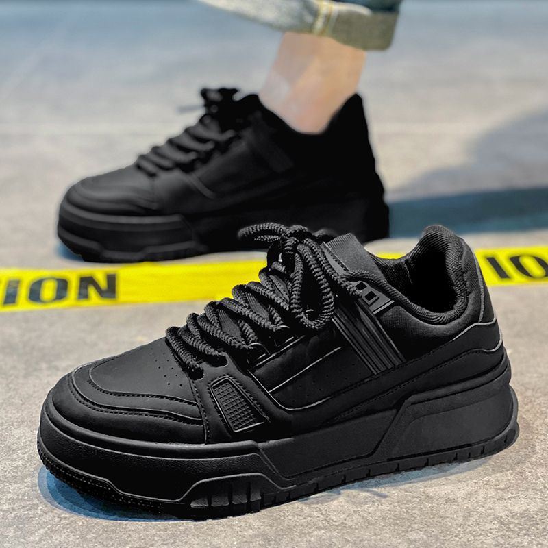 Men's Shoes Spring Versatile Casual Sports Black Board Shoes Men's Thick Sole Raised Leather Surface Waterproof And Anti Slip Work Trendy Shoes_voghion.com