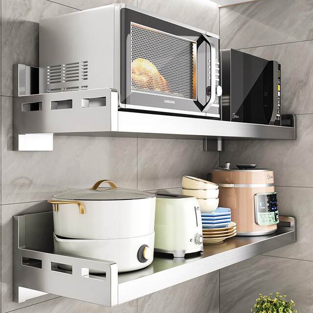 Stainless steel kitchen storage rack wall-mounted wall microwave oven storage rack hole-free air conditioning rack on wall