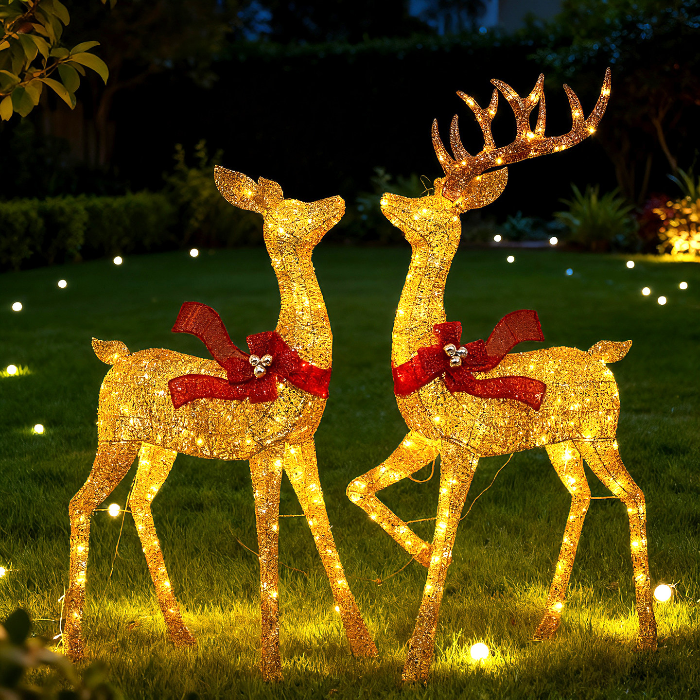 クリスマスの鹿、光るトナカイ、トナカイが引くそり、クリスマスの飾り、雪だるま、木製の家の小道具、クリスマスの風景の飾り