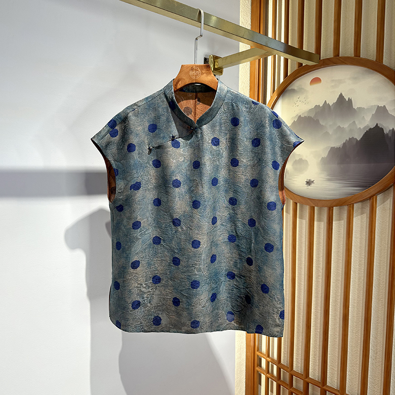 Tang Yi [100% Mulberry Silk] Intangible Cultural Heritage Red Cloud Silk Floral New Chinese Style National Style Polka Dot Flutter Sleeve Blouse for Women