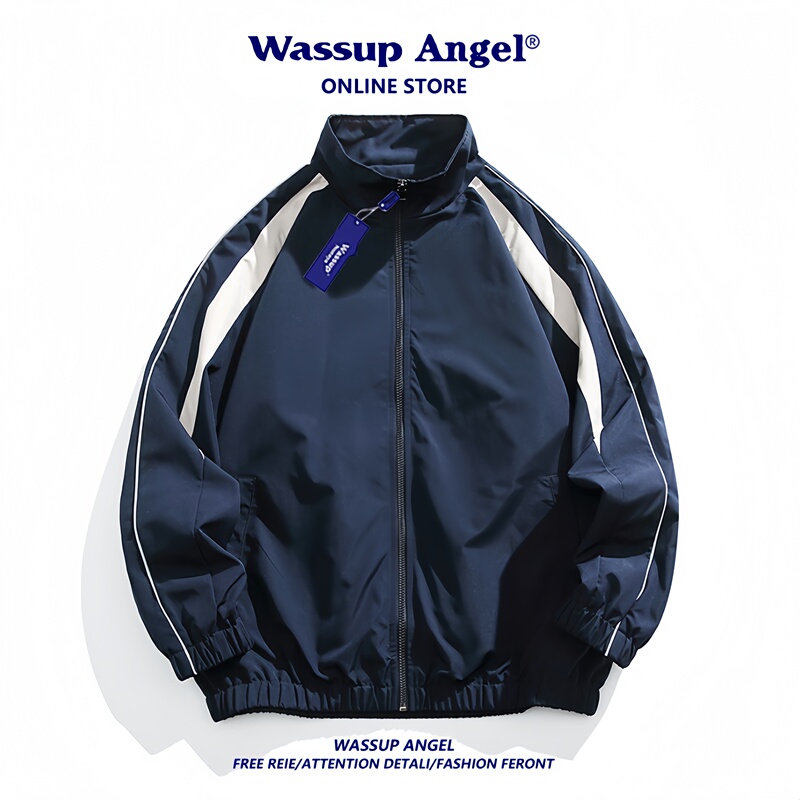 Wassup Angel American Casual Jacket for Men, Autumn Loose Trendy Brand Couple Stand-Up Collar Coat Top for Spring and Autumn Wassup Angel American Casual Jacket for Men, Autumn Loose Trendy Brand Couple Stand-Up Collar Coat Top for Spring and Autumn