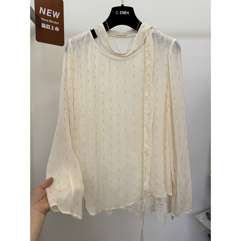High-End European-Style Summer New Fashion Design Lace Hem with Ribbon and Dots Loose Long-Sleeve Shirt Top for Women