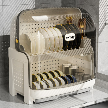 Kitchen Dish Rack, Bowl and Chopstick Storage Box, Multifunctional with Lid, Household Dish Drainer, Plastic Double-Layer Cupboard