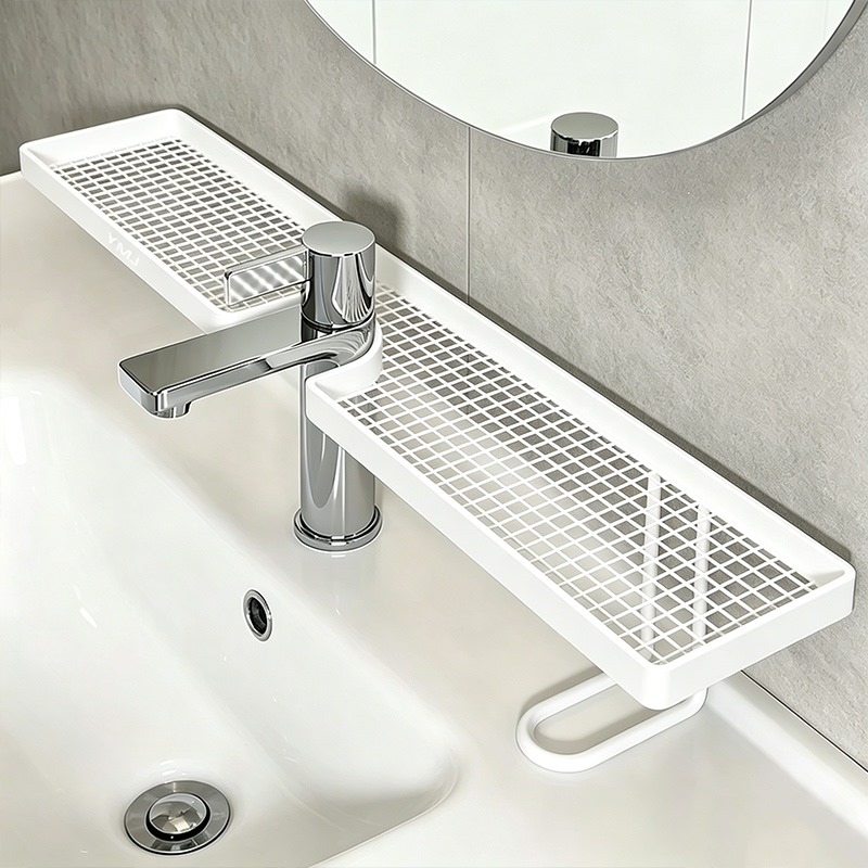 Vertical Faucet Storage Rack with Drainage and Ventilation for Bathroom Sink, Organizer for Bathroom Makeup and Skincare Products
