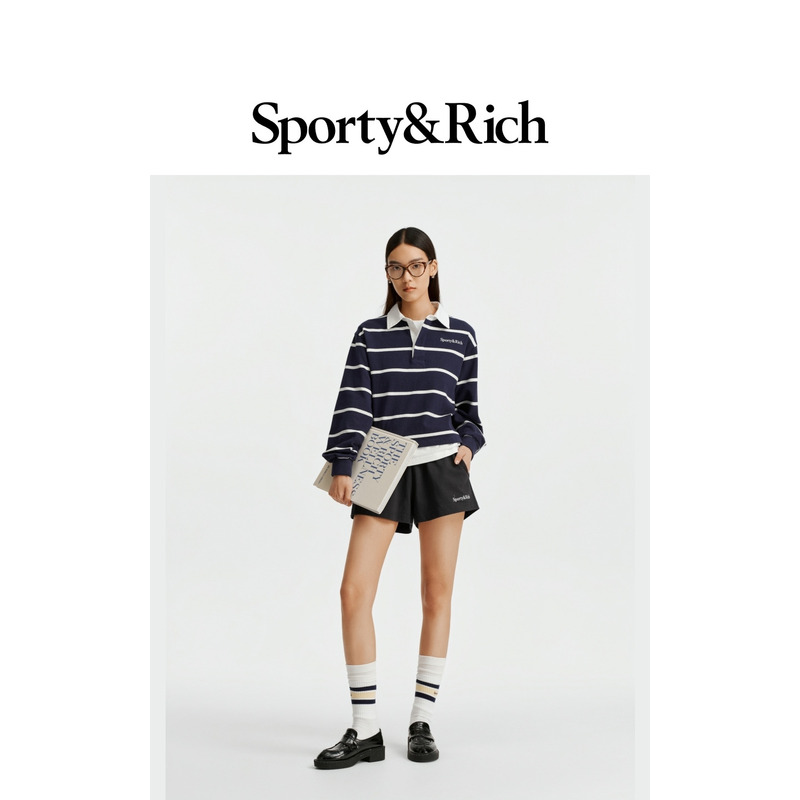 [Celebrity Style] Sporty&Rich Women's College Style Striped Long Sleeve Polo Sweatshirt and Shorts Set
