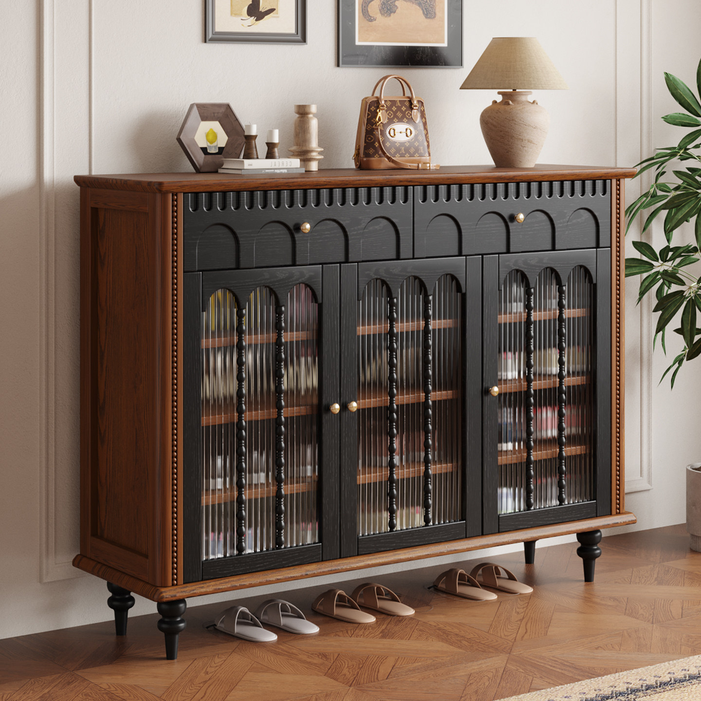 实木法式中古复古风鞋柜家用入户门口收纳一体靠墙大容量玄关鞋架