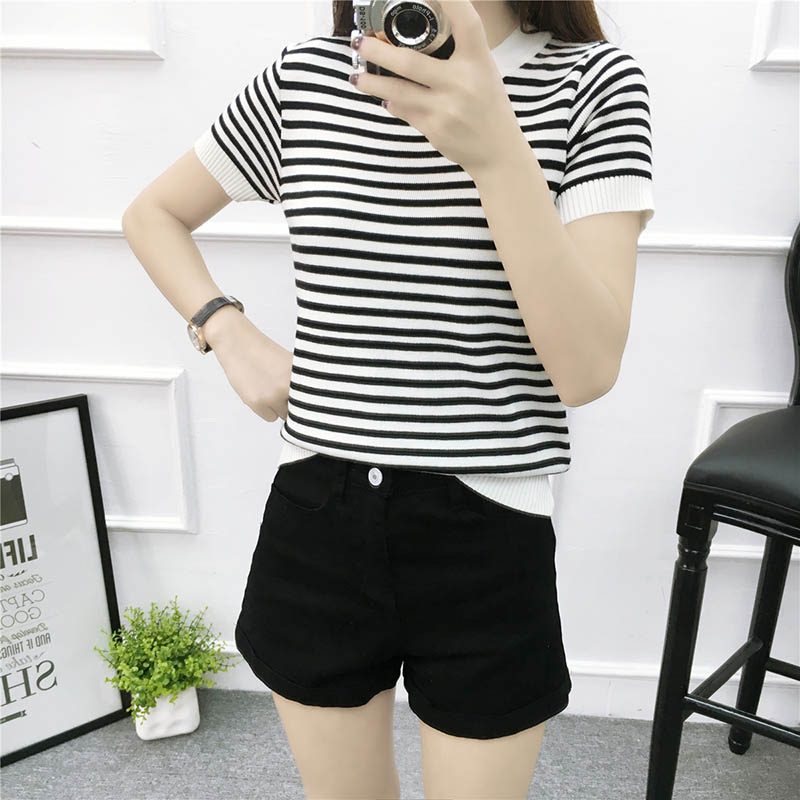 Đặc biệt hàng ngày áo len sọc mới mùa xuân và mùa hè nữ ngắn phần Slim mỏng nửa tay nửa dưới áo len cao cổ áo len mỏng