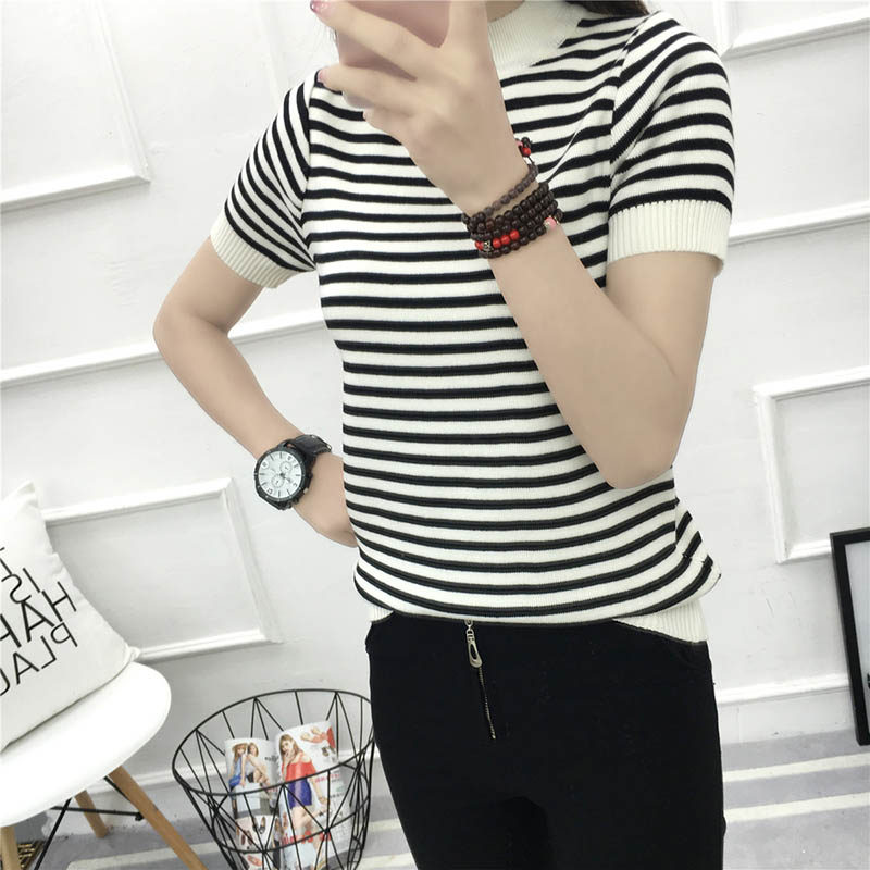 Đặc biệt hàng ngày áo len sọc mới mùa xuân và mùa hè nữ ngắn phần Slim mỏng nửa tay nửa dưới áo len cao cổ áo len mỏng
