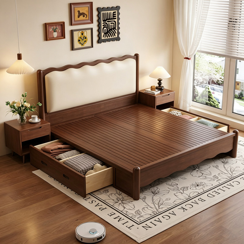 Solid Wood Bed, Nordic Retro Double Bed, 1.8m Wave Bed, Mid-Century Style Bed, French Bed, Simple Upholstered Wedding Bed, Bedroom