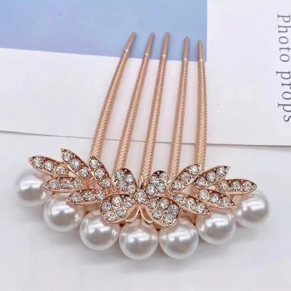 Antique-style hair accessory, five-pronged hair comb, alloy imitation pearl and rhinestone inlaid comb, versatile non-slip hairpin, hair clip, hair flower, hair clip