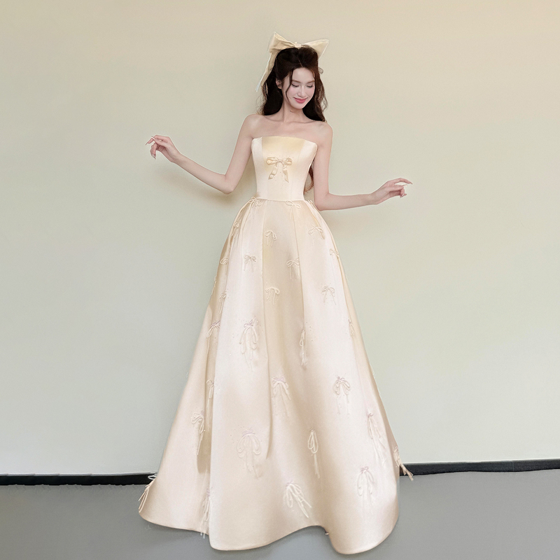 Tube Top Robe for Women, Bride's Engagement and Wedding Toast Dress, Yellow Satin Light Wedding Dress, High-End Light Luxury Reception and Departure Dress Tube Top Robe for Women, Bride's Engagement and Wedding Toast Dress, Yellow Satin Light Wedding Dress, High-End Light Luxury Reception and Departure Dress