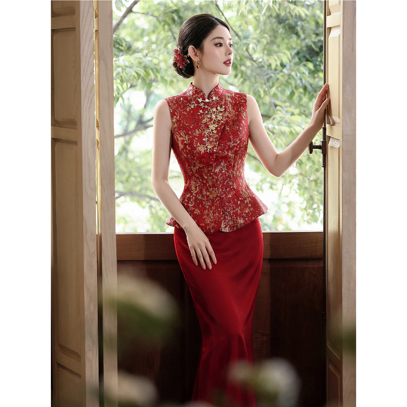 New Chinese-Style Cheongsam Two-Piece Set for Toasting, Morning Gown for Women, Bride's Engagement and Wedding Dress, Homecoming Dress, Casual Wear New Chinese-Style Cheongsam Two-Piece Set for Toasting, Morning Gown for Women, Bride's Engagement and Wedding Dress, Homecoming Dress, Casual Wear