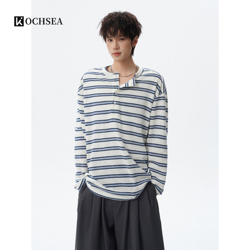 Blue Striped Long-Sleeved T-Shirt for Men and Women, Summer Lazy and Relaxed Style, Loose and Versatile, Casual and Cool, Sun Protection Cover-Up Blue Striped Long-Sleeved T-Shirt for Men and Women, Summer Lazy and Relaxed Style, Loose and Versatile, Casual and Cool, Sun Protection Cover-Up
