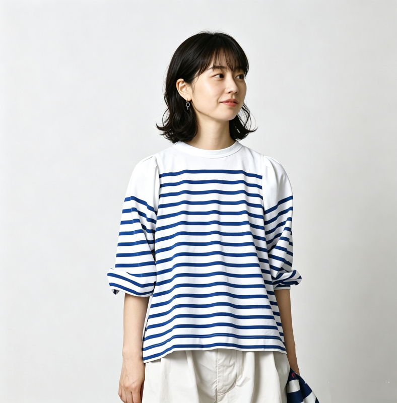 Japanese Style 2026 Autumn New Casual Comfortable Breathable Versatile Fashion Striped 6-Sleeve Women's Top with 8 Buttons at the Back
