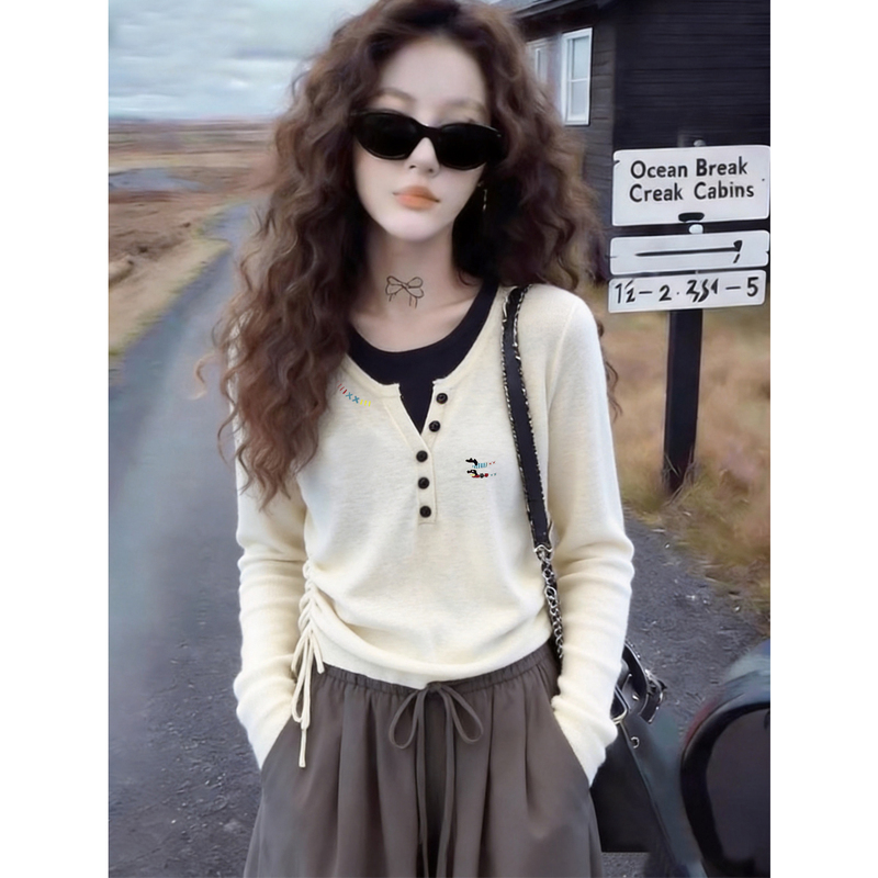 Korean-Style Super Popular Fake Two-Piece V-Neck Button Long-Sleeve T-Shirt for Women, New Autumn Drawstring Waist-Cinching Base Shirt Top