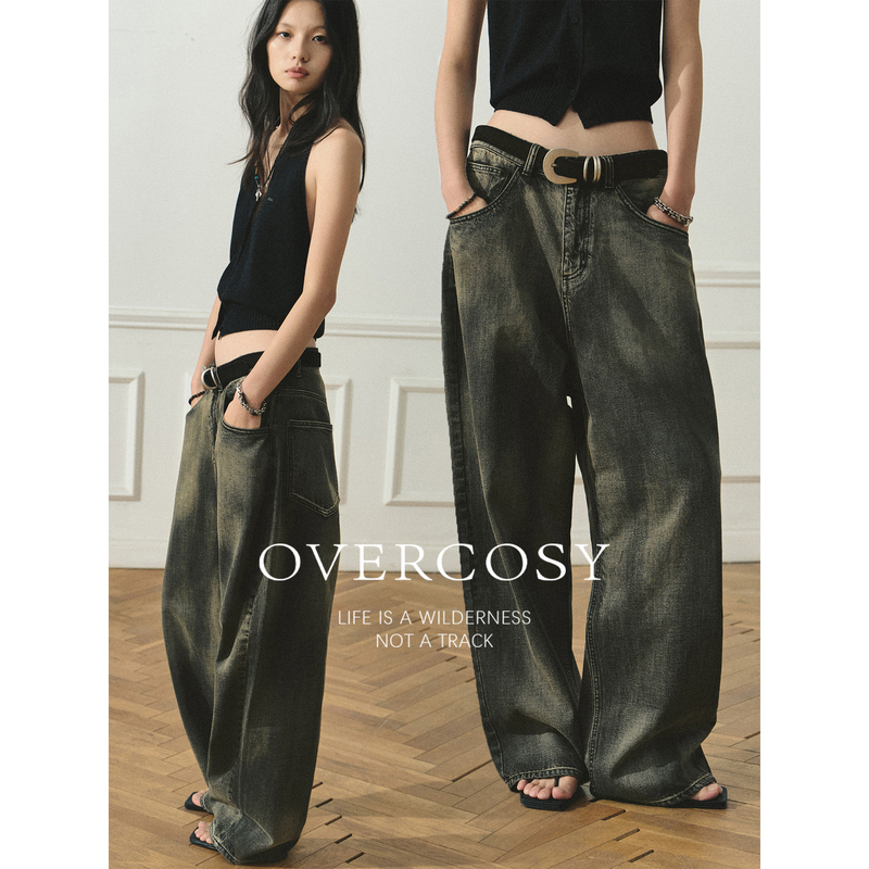 Overcosy Extremely Comfortable/100% Cotton Vintage Washed Wasteland Style Wide-Leg Gradient Denim Pants for Men and Women Autumn Overcosy Extremely Comfortable/100% Cotton Vintage Washed Wasteland Style Wide-Leg Gradient Denim Pants for Men and Women Autumn