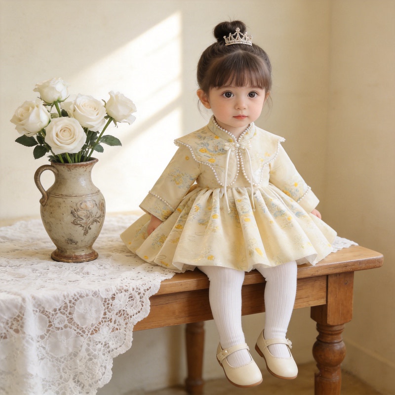 French Badnut One-Year-Old Dress for Baby Girls, Spring and Autumn Infant Birthday Outfit, Princess Dress, Chinese-Style Tang Suit, Hundred-Day Crown Dress
