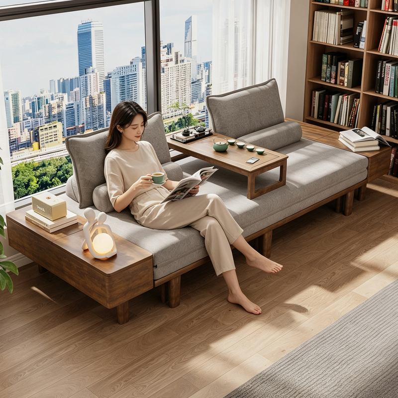2026 New Model All-Solid Ash Wood Extendable Sofa Bed Dual-Purpose for Study, Living Room, Bedroom, Removable and Washable Folding Bed