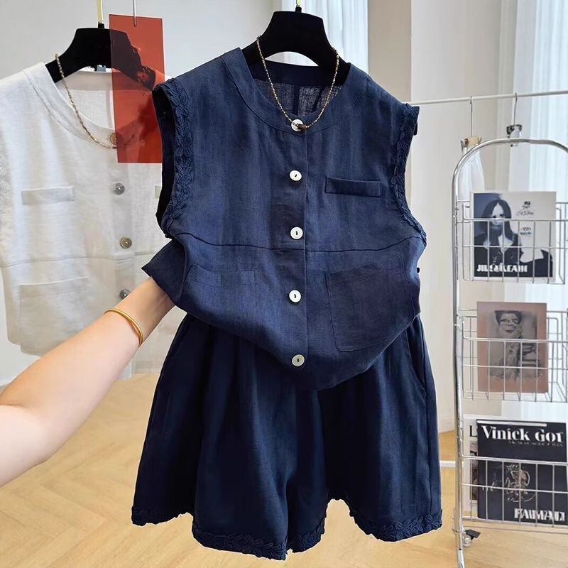 Summer Outfit Set for Women 2025: Loose Sleeveless Tank Top Shirt and Wide-Leg Shorts Cotton-Linen Two-Piece Set Summer Outfit Set for Women 2025: Loose Sleeveless Tank Top Shirt and Wide-Leg Shorts Cotton-Linen Two-Piece Set